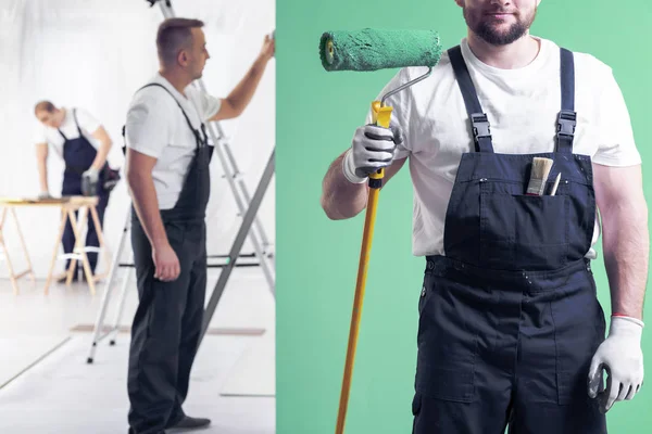 Wall Painter Dungarees Holding Paint Roller Neo Mint Green Wall — Stock Photo, Image