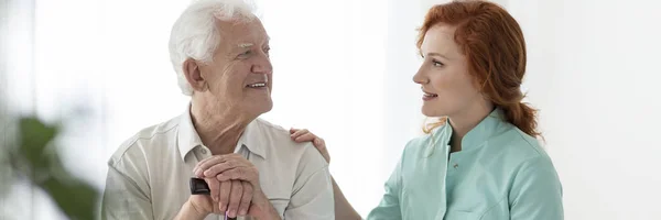 Panorama Smiling Senior Man Friendly Caregiver Supporting Him — Stock Photo, Image