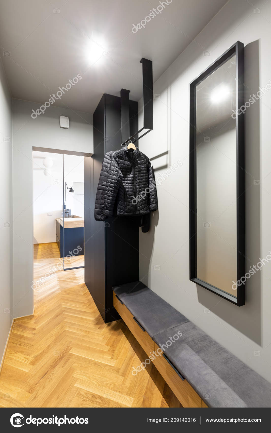 Mirror Clothes Rack Grey Anteroom Interior Light Wooden Floor Real
