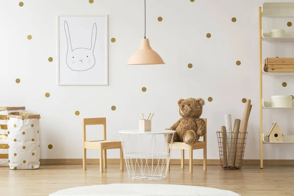 Teddy Bear Wooden Chair Next Table Gold Kid Room Interior — стоковое фото