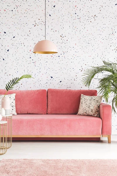 Real Photo Pink Sofa Pillows Chandelier Patterned Wall Background Living — Stock Photo, Image