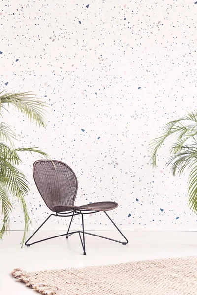 Black Modern Armchair Bright Pattern Living Room Interior Plants Настоящее — стоковое фото