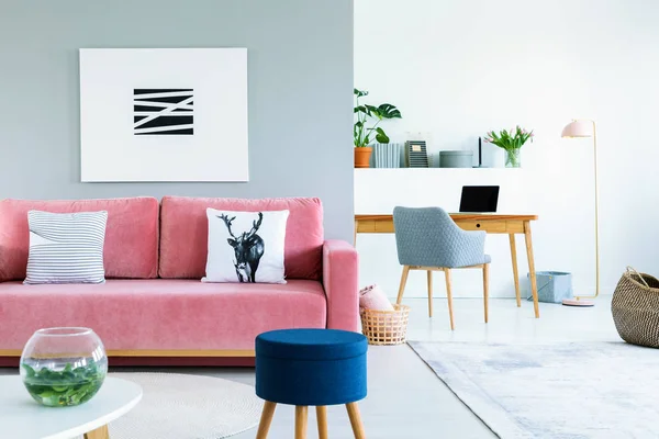 オープン スペース インテリアに青いスツール アームチェアの枕とピンクのソファ上の絵画 実際の写真 — ストック写真