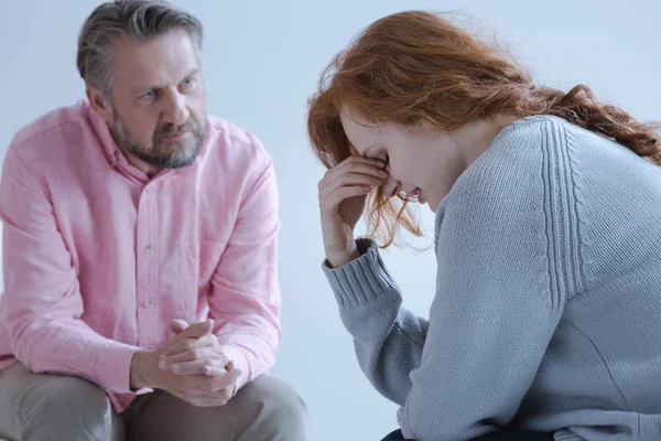 Redheaded Young Woman Post Traumatic Stress Disorder Touching Her Eyes — Stock Photo, Image