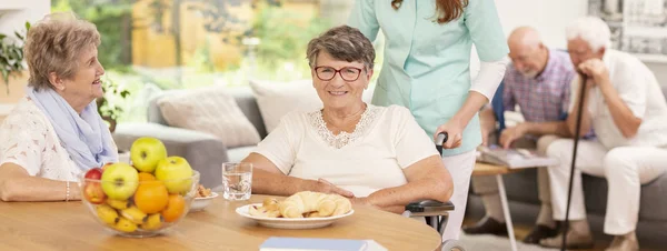 Panorama Happy Disabled Senior Woman Nurse Helping Her — Stock Photo, Image