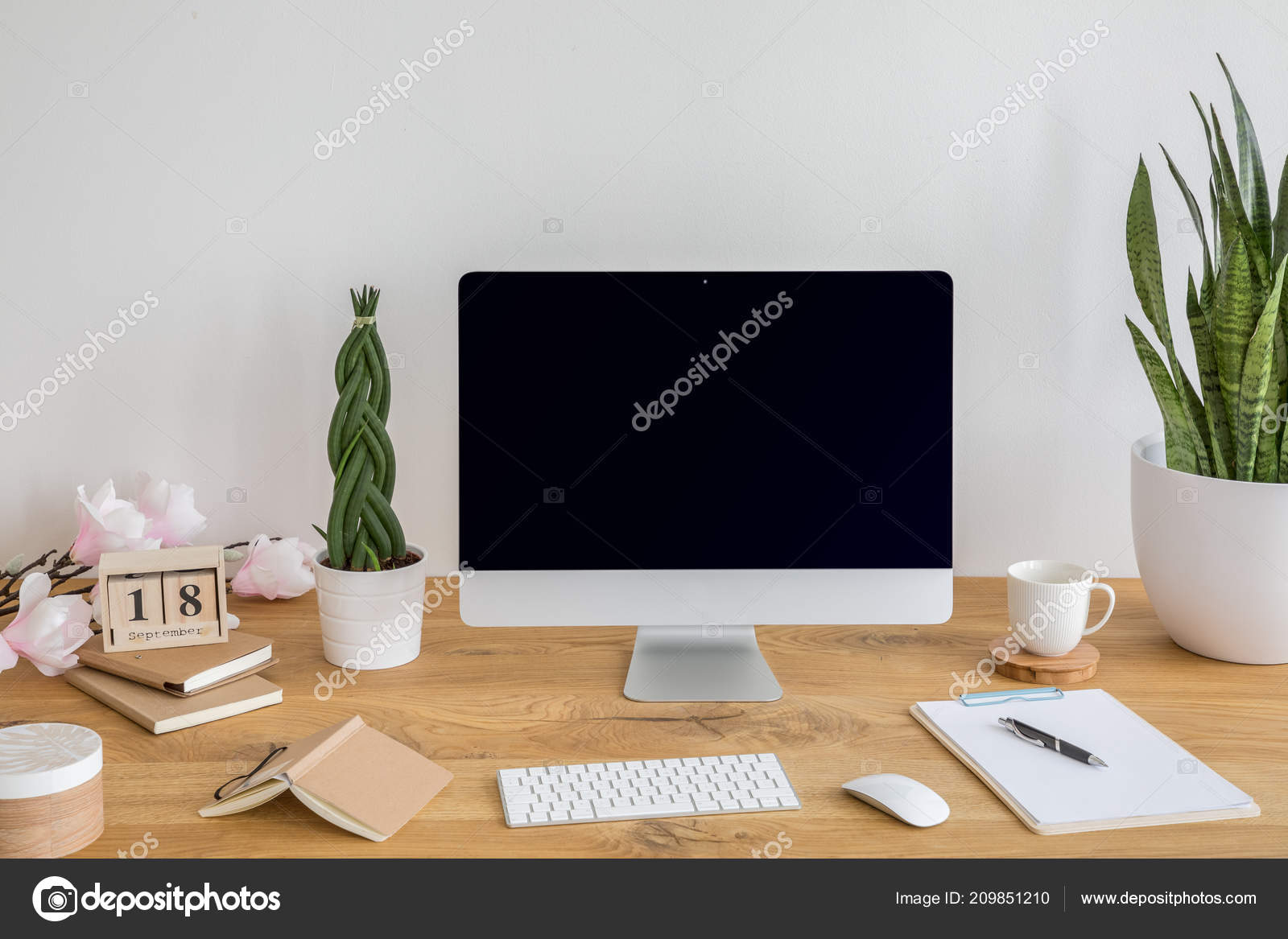 Download Desktop Computer Mockup Wooden Desk Books Keyboard Plants Interior Real Stock Photo C Photographee Eu 209851210 PSD Mockup Templates