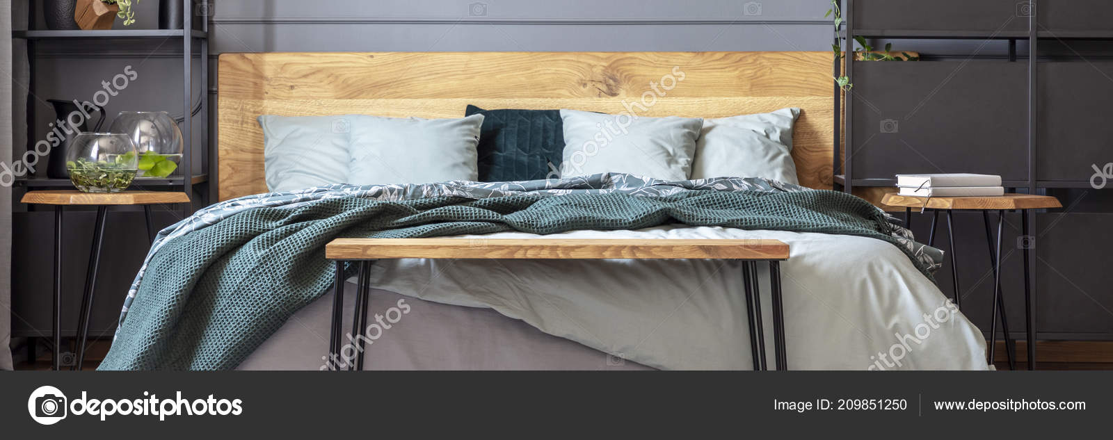 Panorama Wooden Bench Front Bed Green Blanket Grey Bedroom Interior Stock Photo Image By C Photographee Eu 209851250