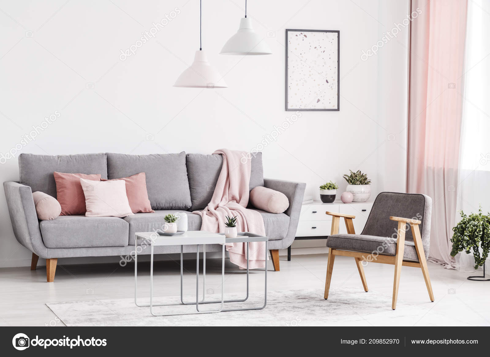 Retro Armchair Grey Sofa Pink Pillows