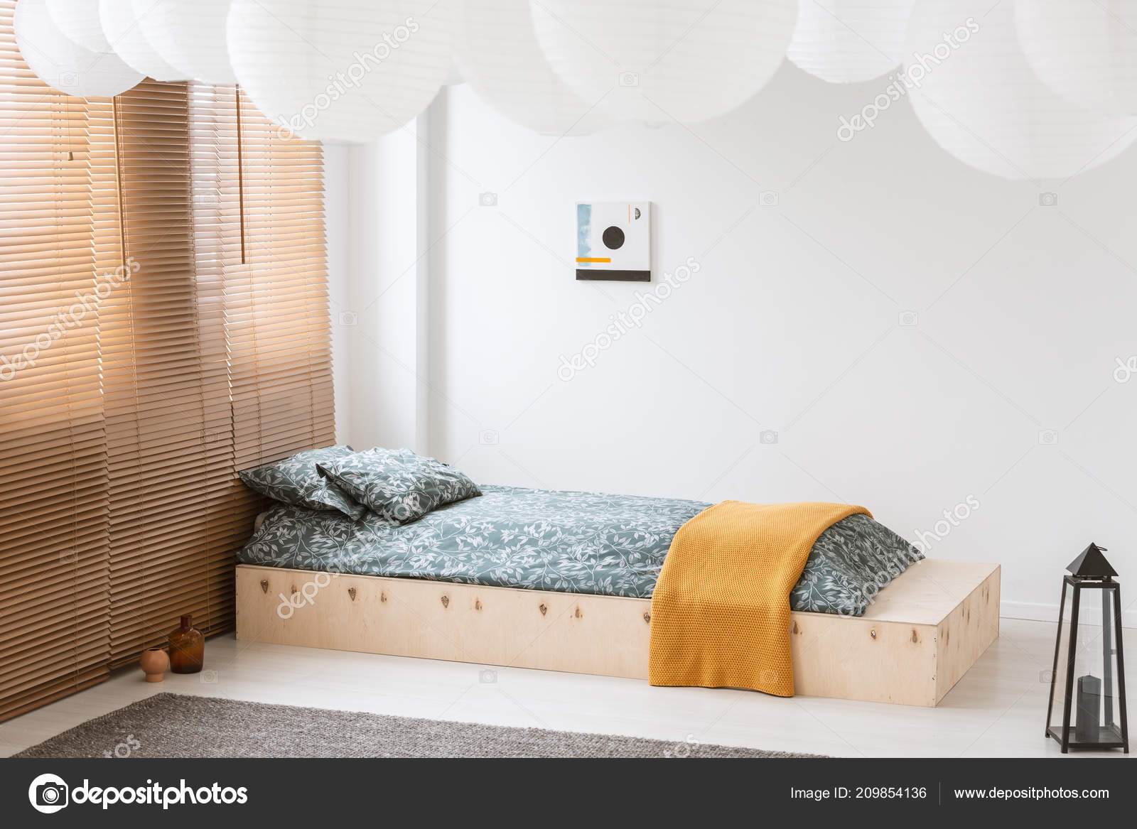 Orange Blanket Wooden Bed White Bedroom Interior Lantern