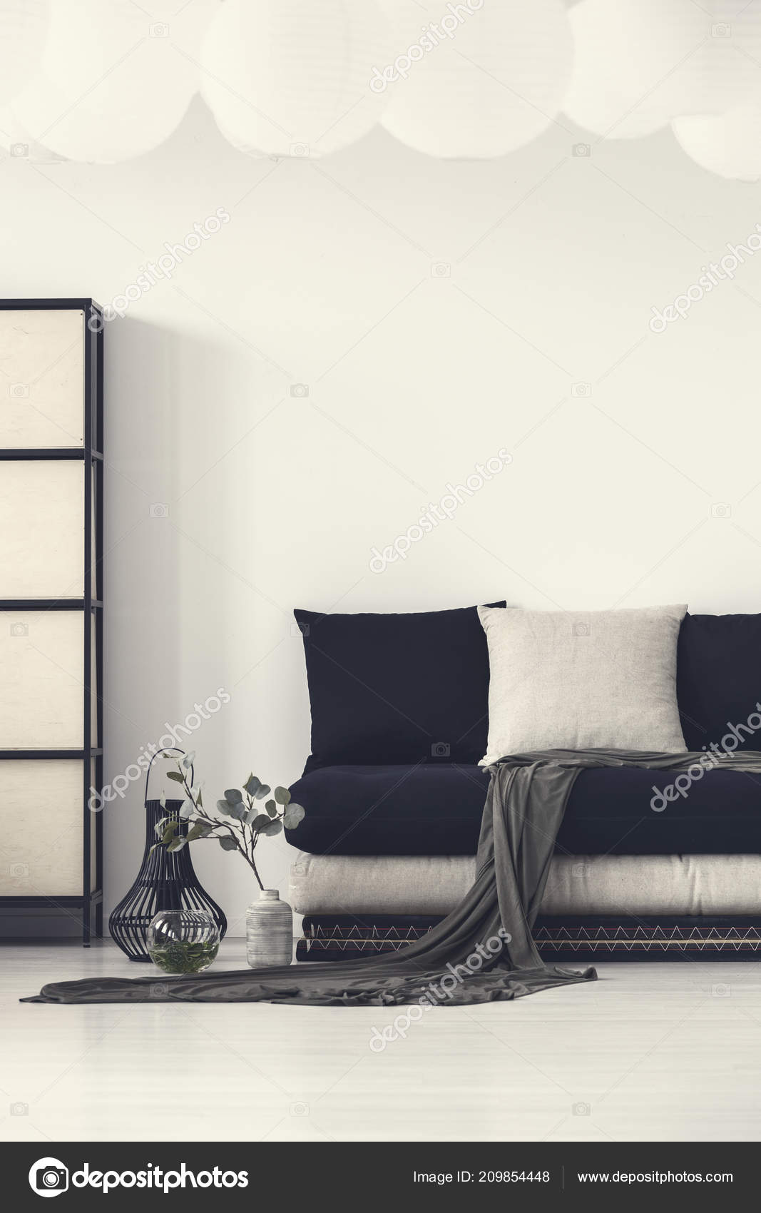 Blanket Pillows Black Couch White Modern Living Room Interior