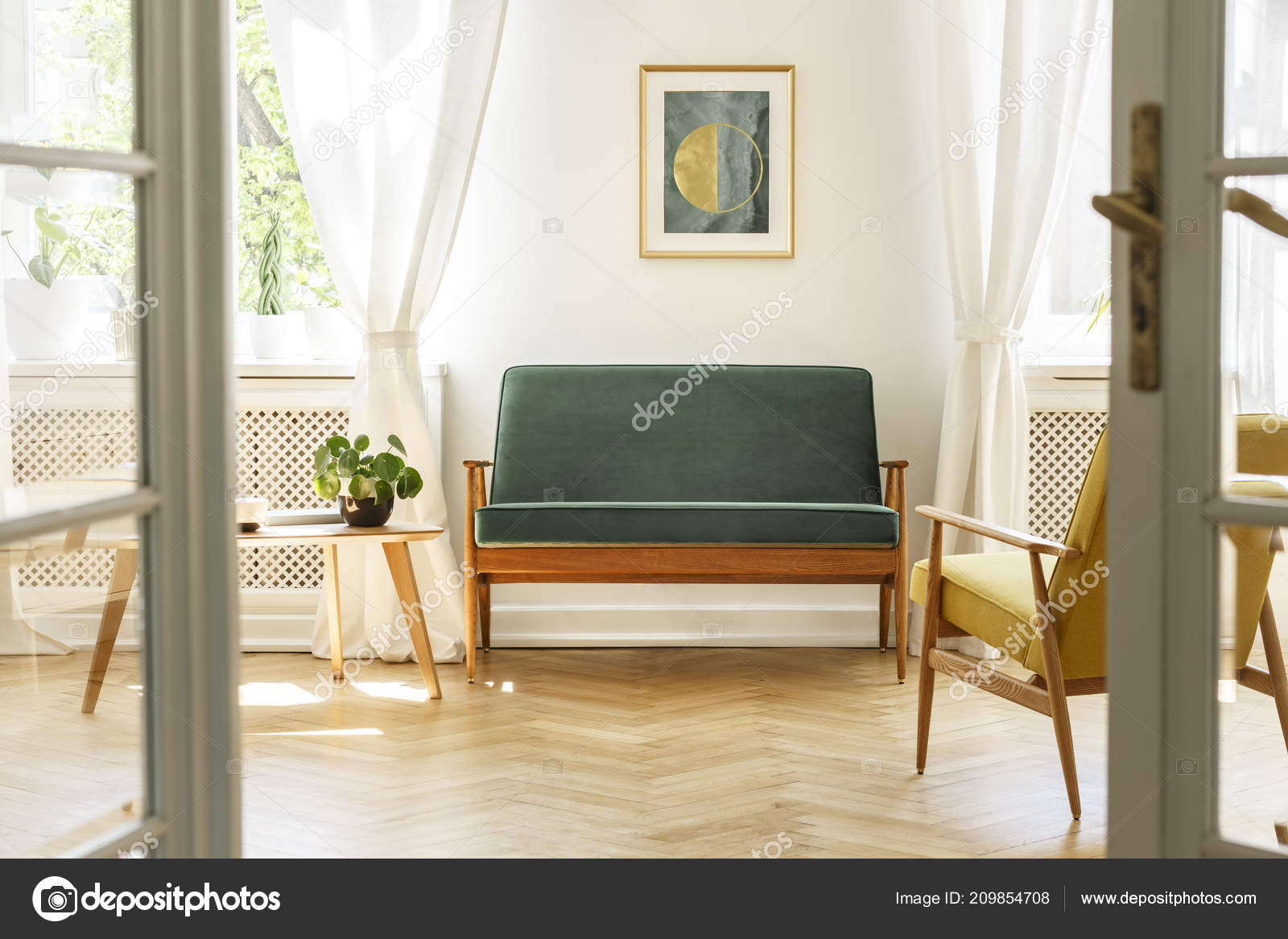 Real Photo Vintage Living Room Interior Green Sofa Poster Coffee Stock Photo Photographeeeu 209854708
