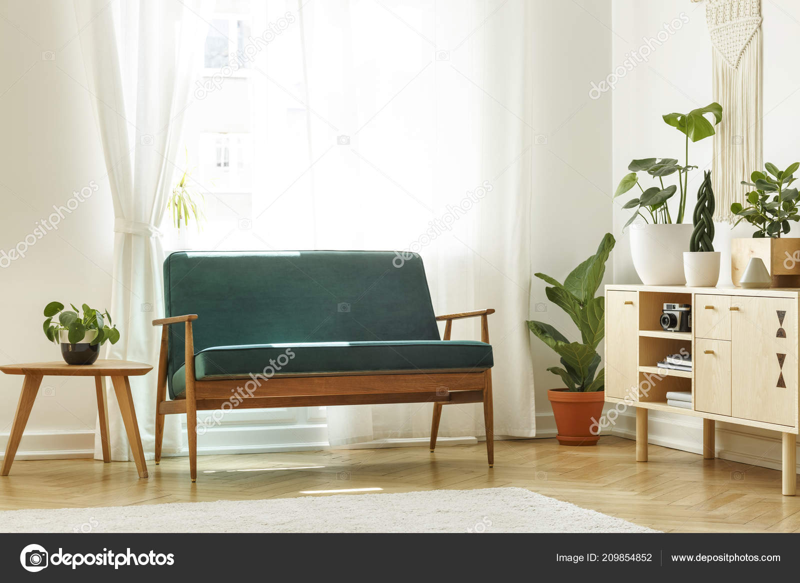 Real Photo Retro Sofa Next Coffee Table Cabinet Plants Window Real Photo Retro Sofa Next Coffee Table Cabinet Plants Window Stock