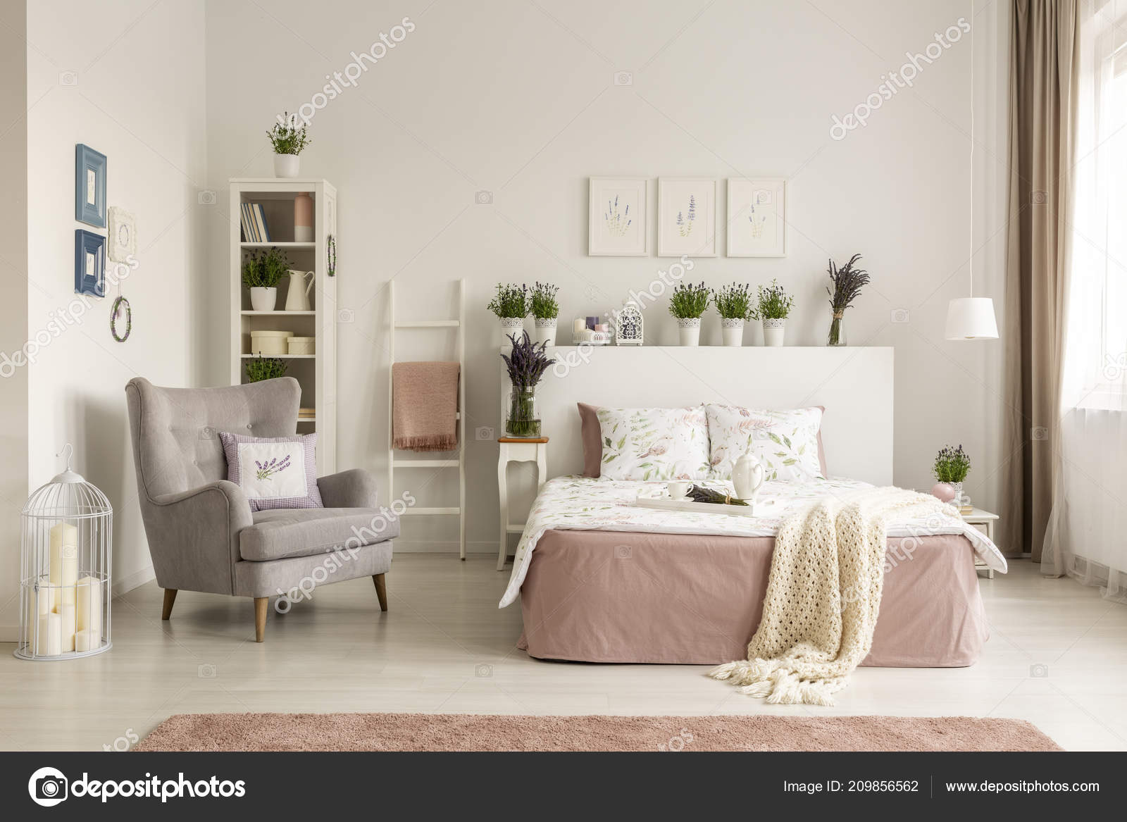 Real Photo Feminine Bedroom Interior Comfy Armchair Bed Plants Shelf Stock Photo Image By C Photographee Eu 209856562