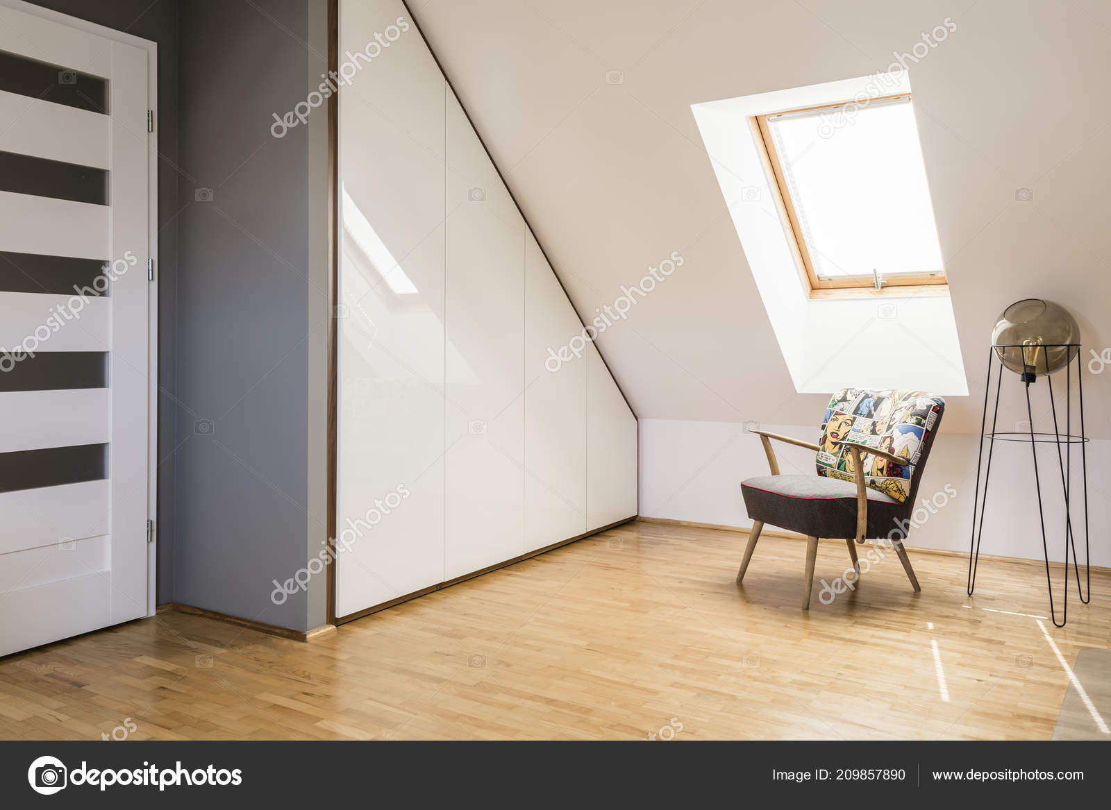 Lamp Next Armchair Wooden Floor White Attic Interior Door Window