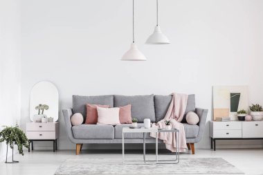 Gri bir kanepe, pembe yastık, dolapları ve lambaları bir zarif salon iç gerçek fotoğraf