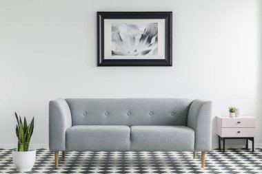 Siyah ve beyaz oturma odasında posteri ile iç ve kabin gri kanepe yanında bitki. Gerçek fotoğraf