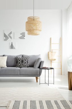 Gri kanepe yastıkları beyaz geniş oturma odası iç lamba ve posterler ile. Gerçek fotoğraf