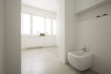 Windows ile beyaz geniş banyo iç tuvalette. Gerçek fotoğraf