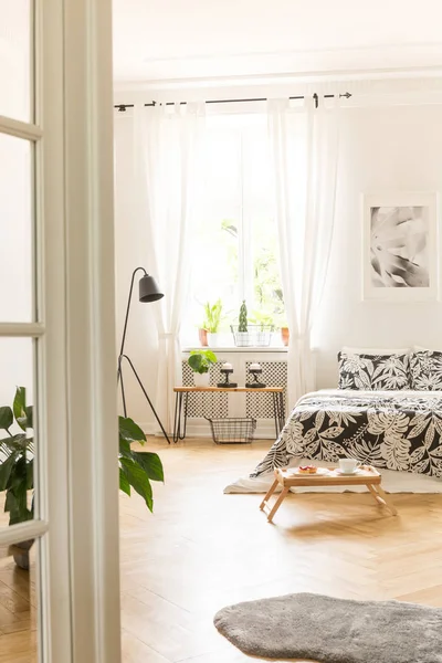 ベッドと朝食トレイ木製床の寝室のインテリア 背景のシースルー カーテンと窓 実際の写真 — ストック写真