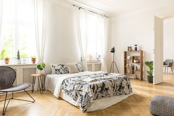 Interior Bedroom Herringbone Parquet White Walls Simple Furniture Bed Chair — Stock Photo, Image