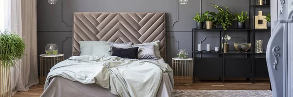 Draps Sur Lit Avec Tête Lit Intérieur Chambre Gris Avec — Photo