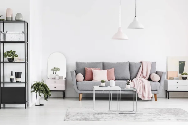 Real Photo Living Room Interior Sofa Pillows Tables Black Shelf — Stock Photo, Image