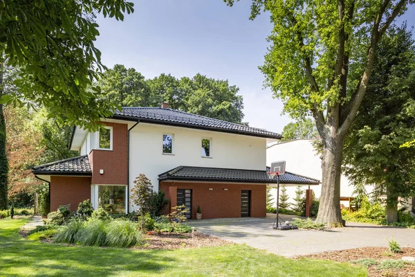 Bomen Zon Buitenkant Van Een Huis Met Tuin Zomer — Stockfoto