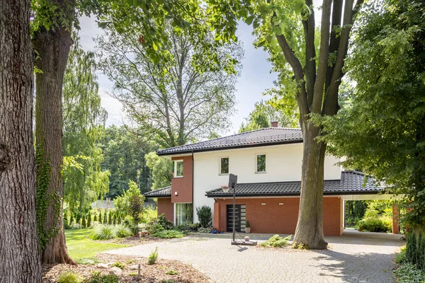 Foto Reale Ingresso Una Casa Con Campo Basket Alberi Cespugli — Foto Stock