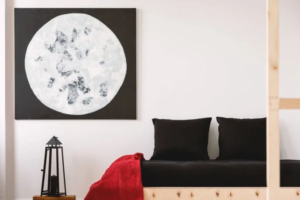 Red Blanket Black Pillows Wooden Bed Bedroom Interior Moon Poster — Stock Photo, Image
