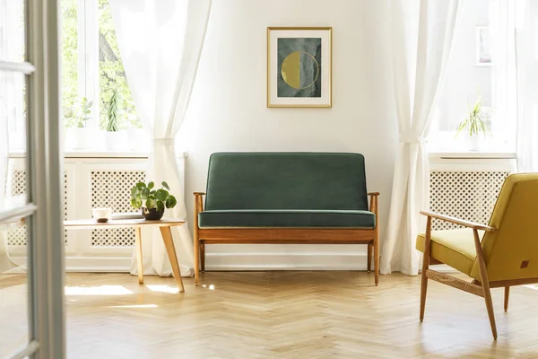 Green Sofa Dark Wooden Frame Comfy Yellow Armchair White Retro — Stock Photo, Image