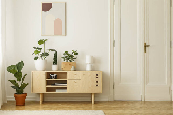 Retro style, wooden sideboard with green plants and a poster on a white wall in a simple apartment interior with herringbone hardwood floor. Real photo.