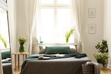 Kitap ve bir battaniye doğal parlak yatak odası iç bitkiler, posterler ve ayna ile yatakta var. Gerçek fotoğraf