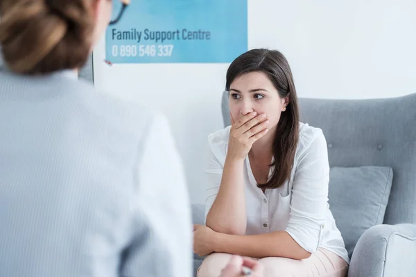Worried Mother Holding Hand Her Mouth Visit Family Support Center — Stock Photo, Image