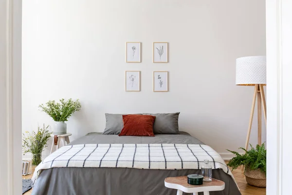 Carteles Sobre Cama Gris Con Manta Estampada Interior Del Dormitorio —  Fotos de Stock