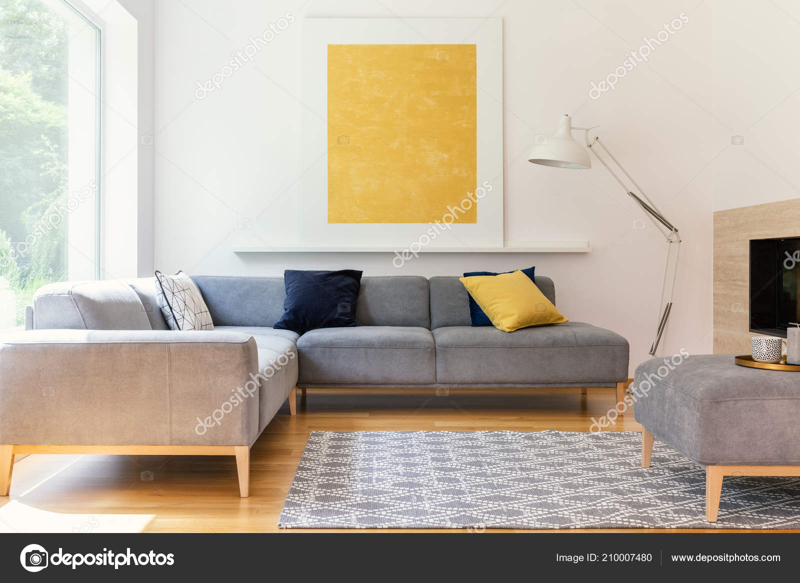 Yellow Painting Lamp Modern Living Room Interior Grey Corner
