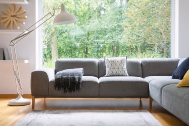 Büyük beyaz metal lamba ayakta gri köşe Lounge'dan battaniye ve yastık gerçek fotoğraf aydınlık oturma odası iç pencere yanında