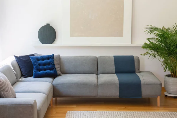 灰色のコーナーに青い枕工場とリビング ルームのインテリアにソファで金銀絵 実際の写真 — ストック写真