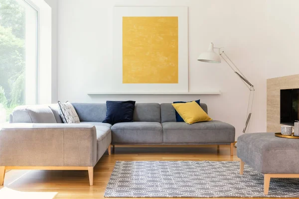 Yellow Painting Lamp Modern Living Room Interior Grey Corner Sofa — Stock Photo, Image