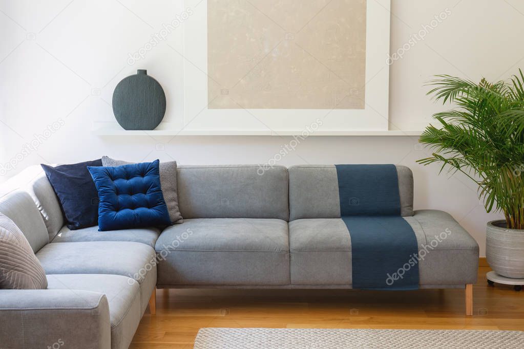 Blue pillows on grey corner couch in living room interior with plant and silver painting. Real photo