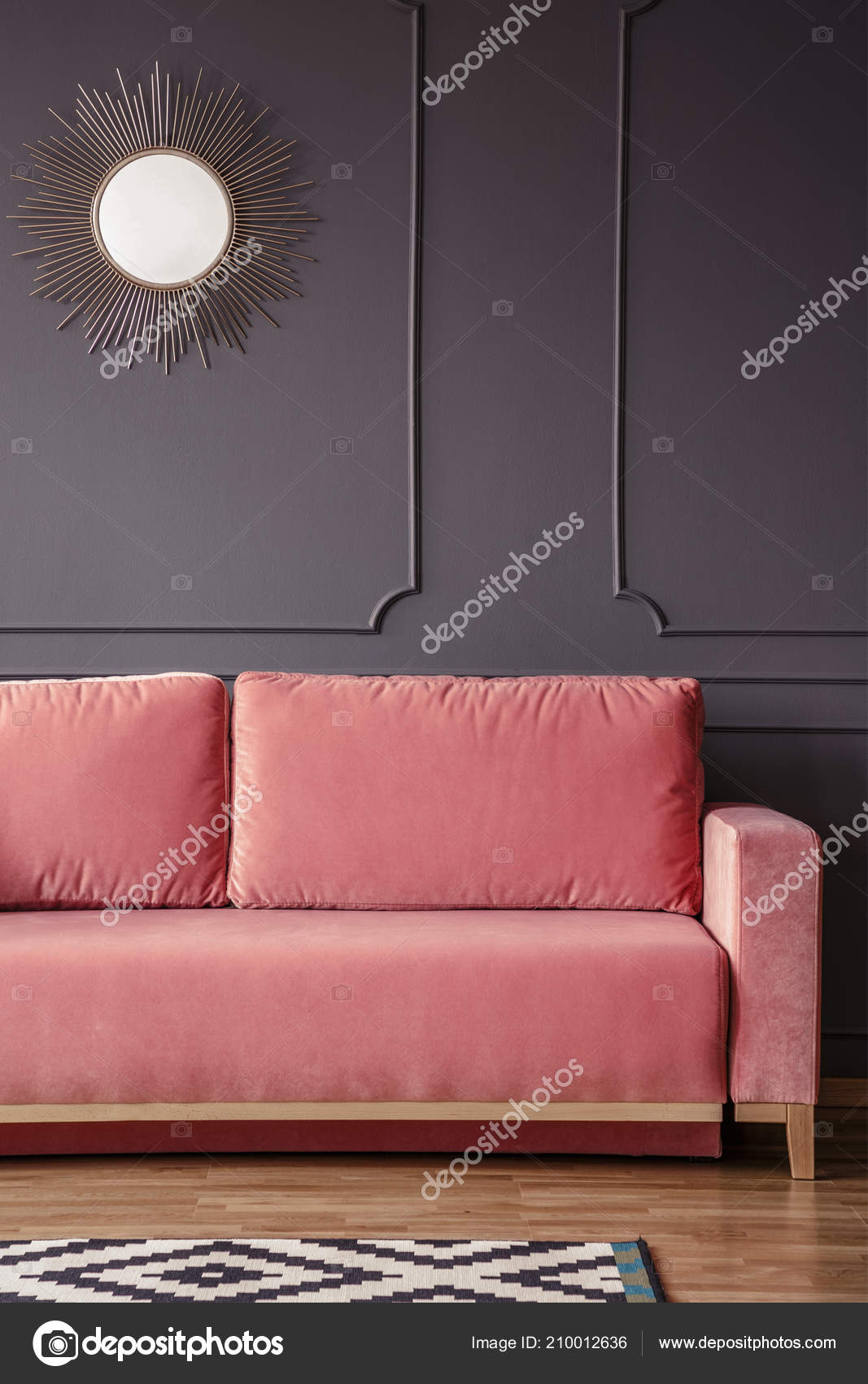Pink Sofa Grey Wall Gold Mirror Dark Living Room Interior Stock Photo