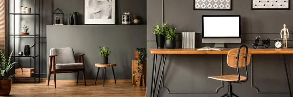 Intérieur Sombre Ouvert Avec Crémaillère Métallique Fauteuil Gris Plantes Arrière — Photo