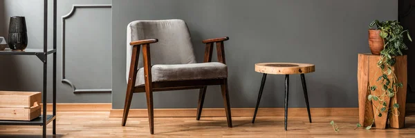 Grey Armchair Standing Handmade End Table Dark Living Room Interior — Stock Photo, Image