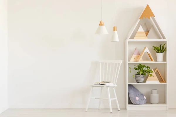 Triangles Shelves Scandi Kid Room Interior White Chair Wall Copy — Stock Photo, Image