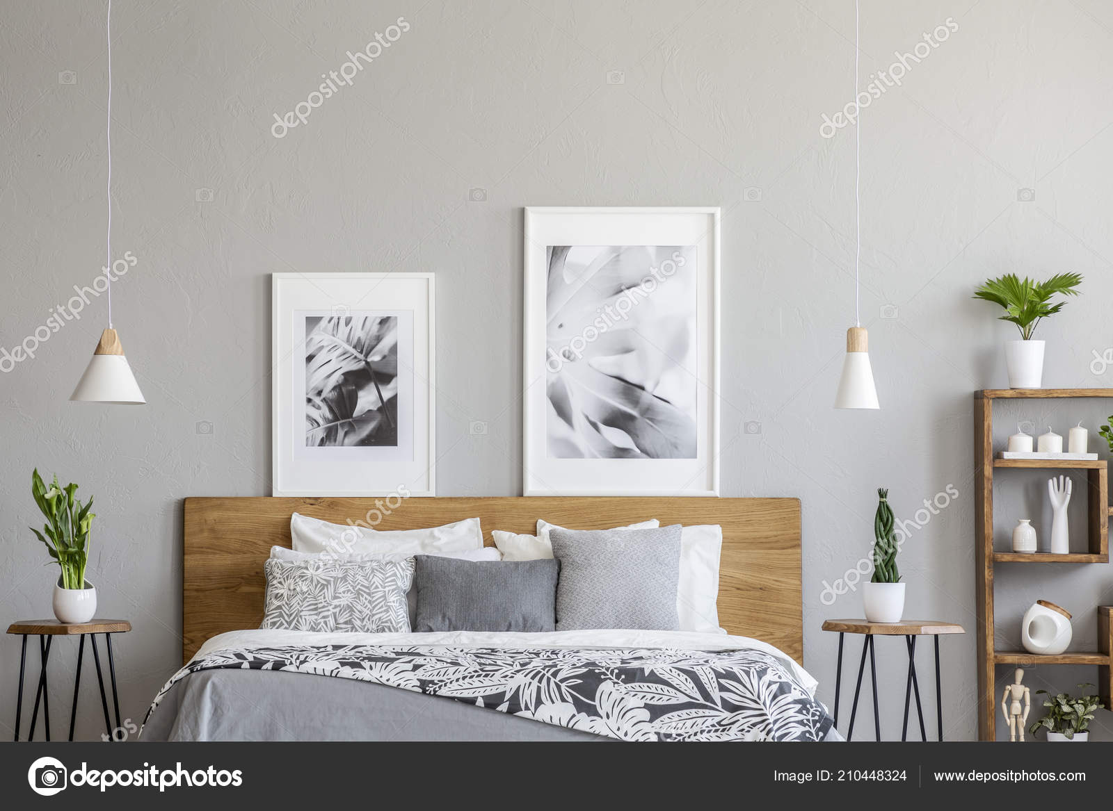 Posters Wooden Bed Tables Plants Grey Bedroom Interior Lamps Real Stock