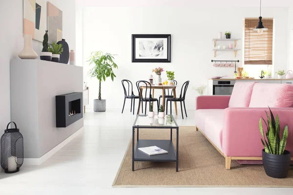 ピンクのベルベットのソファ ダイニング テーブル キッチンとフラット インテリアのオープン スペースの実際の写真 — ストック写真