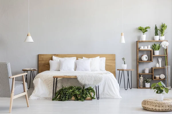 なよなよした男と植物灰色寝室のインテリアで白い木製ベッド近くパターンのアームチェア 実際の写真 — ストック写真