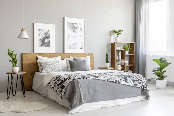 植物やポスターで灰色の寝室のインテリアで木製ベッドの上パターンのブランケット 実際の写真 — ストック写真