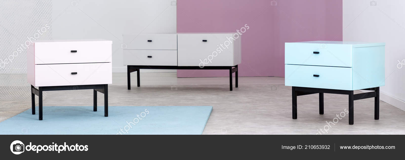 Panorama Pastel Cabinets Minimal Colorful Living Room Interior Rug Panorama Pastel Cabinets Minimal Colorful Living Room Interior Rug Real Stock Photo