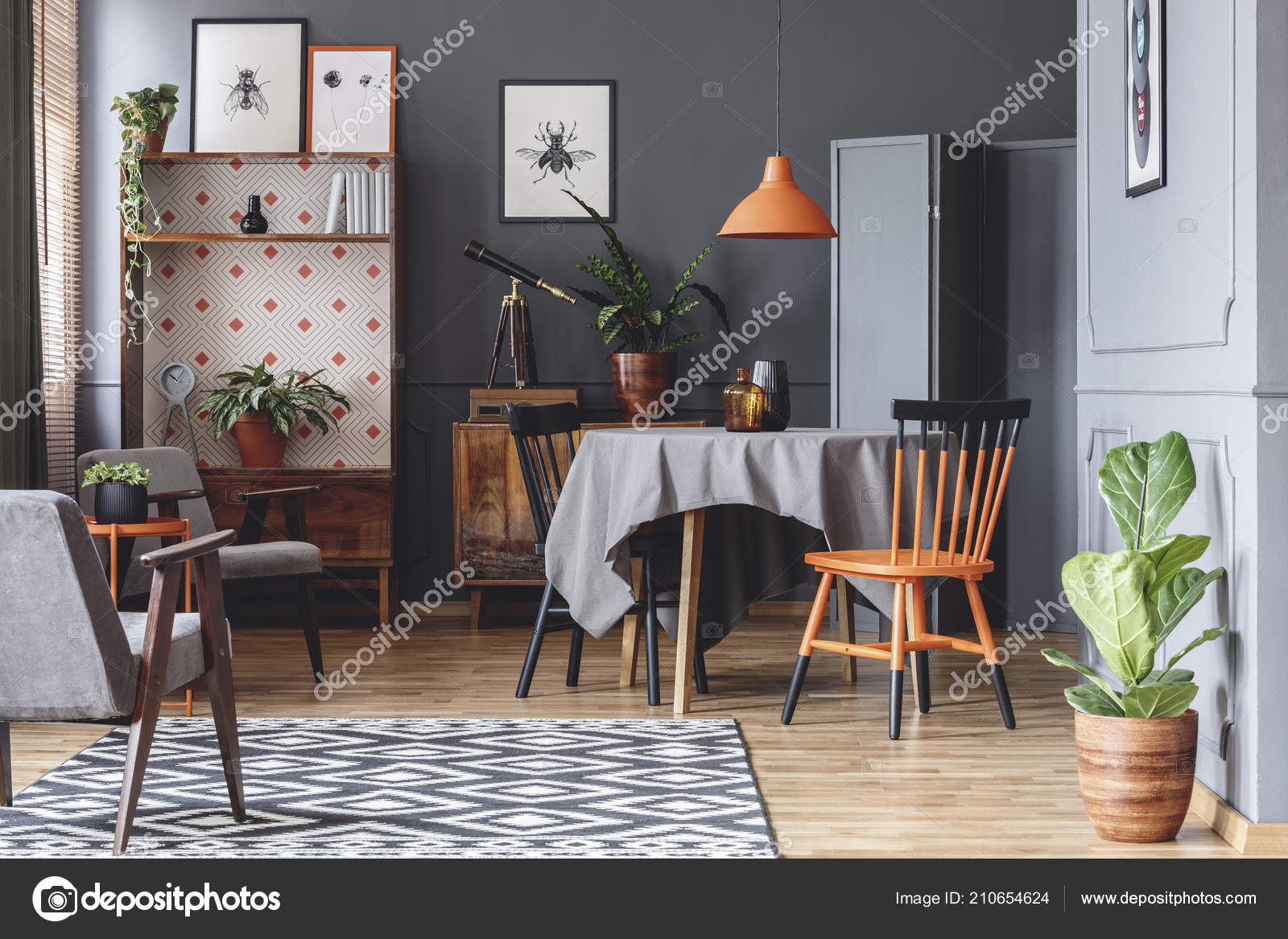 Orange Lamp Dining Table Grey Open Space Interior Plant Armchair Stock Photo Image By C Photographee Eu 210654624