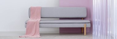 Pembe battaniye ile perde beyaz ve mor salon iç gri kanepede Panoraması. Gerçek fotoğraf